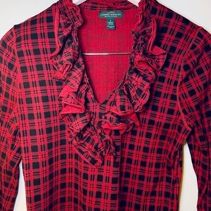 Lauren Ralph Lauren Red Black Plaid Ruffle Blouse